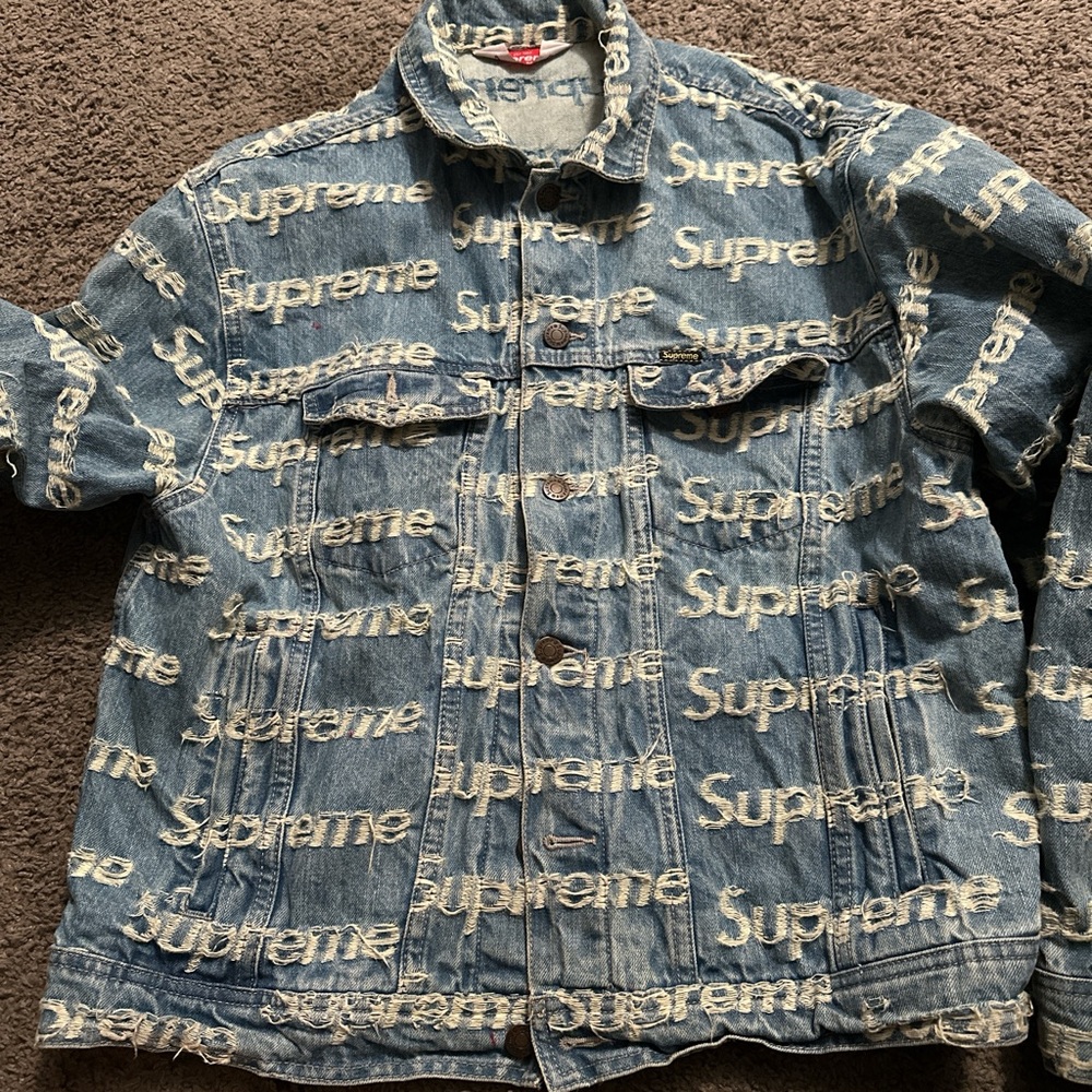 Supreme Denim Jacket with Logo Print Frayed